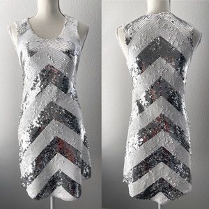Alice + Olivia Sequin Babydoll Dress White and Silver Chevon Sequin Size Small